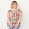 Plus Size LC Lauren Conrad Pleated Flowy Cap-Sleeve Top -Fashion Women 5245796 Peach Border Print