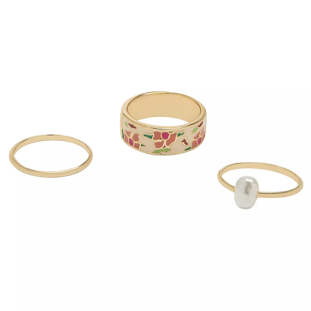 LC Lauren Conrad 3 Pack Pearl & Floral Enamel Ring Set 4 LC Lauren Conrad 3 Pack Pearl & Floral Enamel Ring Set - Image 2