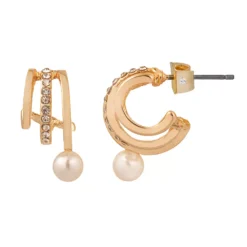 LC Lauren Conrad Gold Tone Pave Three Row Mini Nickel Free Hoop Earrings