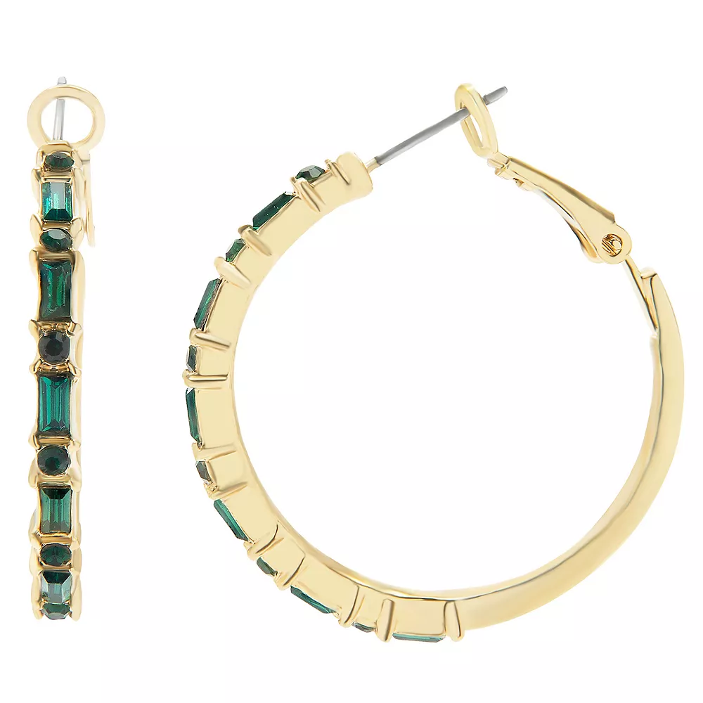 LC Lauren Conrad Gold Tone Baguette & Round Green Crystal Large Hoop Earrings 3 LC Lauren Conrad Gold Tone Baguette & Round Green Crystal Large Hoop Earrings