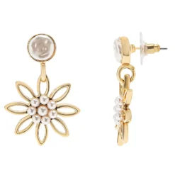LC Lauren Conrad Gold Tone Simulated Vintage Pearl Post Top With Flower Drop Earrings