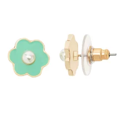 LC Lauren Conrad Rose Gold Tone Teal Flower With Simulated Pearl Post Earrings