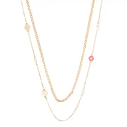 LC Lauren Conrad Rose Gold Tone 2 Row Multi Enamel Flowers And Simulated Pearl Stations Necklace
