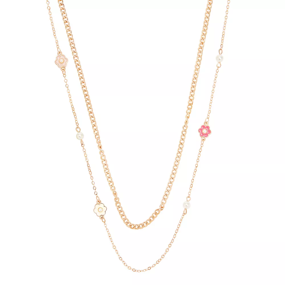 LC Lauren Conrad Rose Gold Tone 2 Row Multi Enamel Flowers And Simulated Pearl Stations Necklace 3 LC Lauren Conrad Rose Gold Tone 2 Row Multi Enamel Flowers And Simulated Pearl Stations Necklace