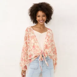 Women's LC Lauren Conrad Tie Front Balloon Sleeve Floral Cardigan