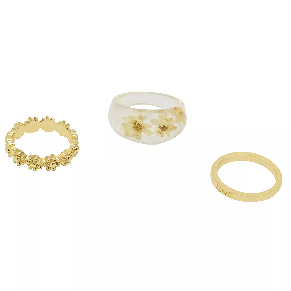 LC Lauren Conrad Gold Tone White Pressed Flower Ring Set 3 LC Lauren Conrad Gold Tone White Pressed Flower Ring Set