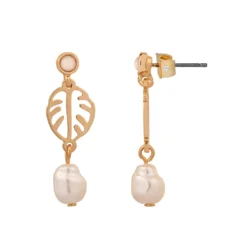 LC Lauren Conrad Gold Tone Simulated Pearl Monstera Leaf Drop Earrings